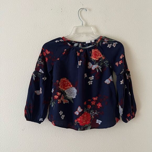 Gap Kids Girls Navy Boho Floral Blouse Balloon Sleeve Round Neck size S(6-7) - Picture 1 of 8